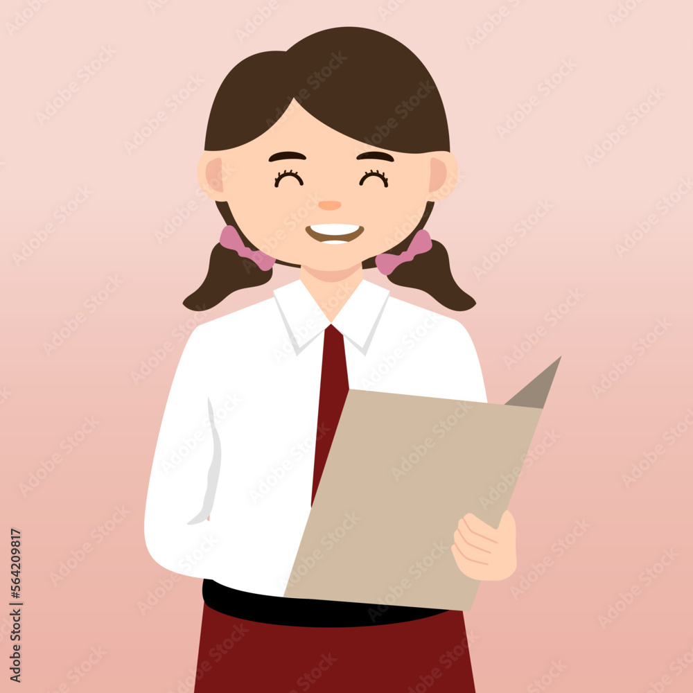  Elementary School girl and Boy Student Wearing Red and White Uniform. Cartoon Vector Illustration. Portrait of an elementary school student. School students children with backpacks, books, macbook. 