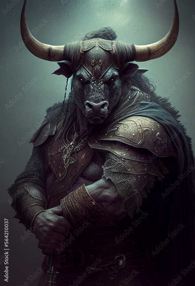 Fototapeta premium Monster bull as a warrior with armor, fantasy character dark tone background, Generative Ai