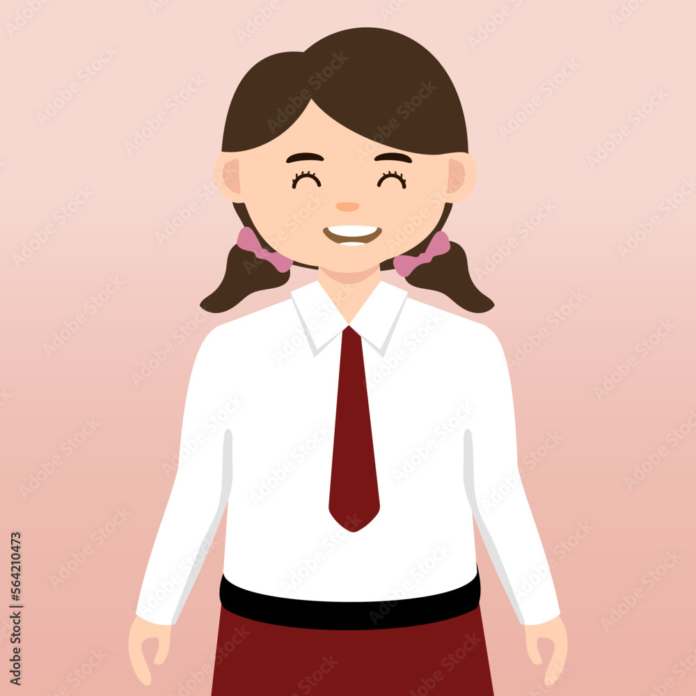 Elementary School girl and Boy Student Wearing Red and White Uniform. Cartoon Vector Illustration. Portrait of an elementary school student. School students children with backpacks, books, macbook. Elementary School girl and Boy Student Wearing Red and White Uniform. Cartoon Vector Illustration. Portrait of an elementary school student. School students children with backpacks, books, macbook.