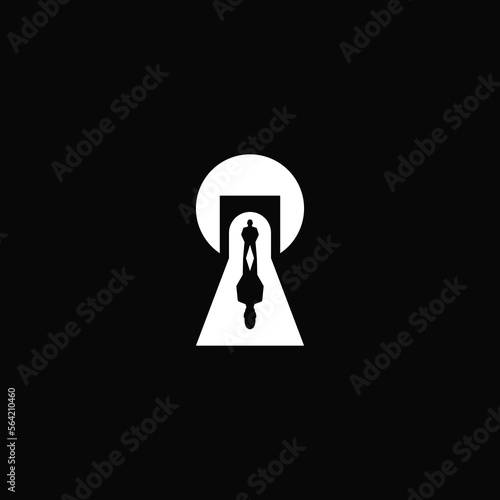 Man at the door entrance in the keyhole. Logo design.