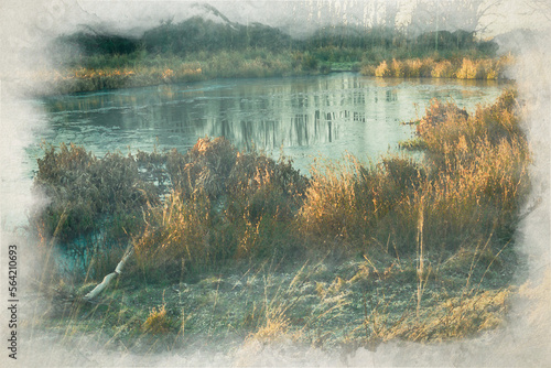 Wetley Moor. Digital watercolor painting of a frozen pond. © Rob Thorley