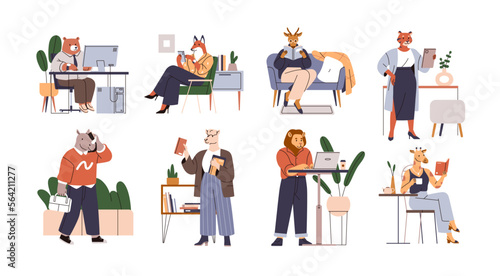 Anthropomorphic animals with phones, computers, books set. Funny fancy charac...