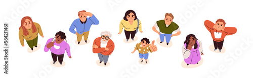 Overhead people looking up. Surprised characters faces watching, staring, top down view. Amazed shocked men, women standing, gazing. Flat graphic vector illustrations isolated on white background