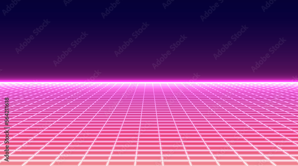 Retro cyberpunk style. Technology background perspective retro grid. Digital wireframe landscape. Futuristic cyber surface 80s Sci-Fi background