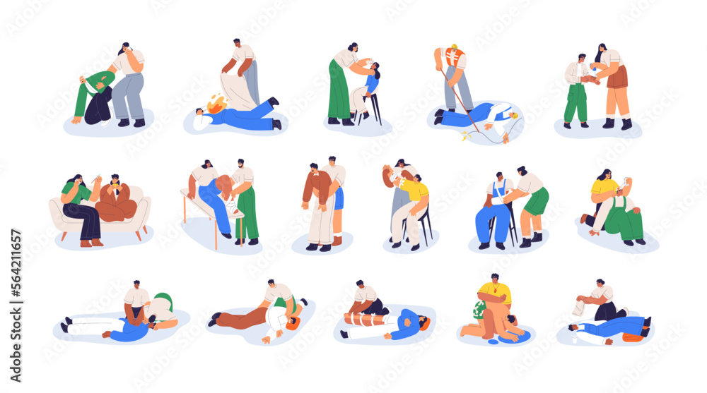 First aid, emergency concept. Firstaid, CPR, medical help, resuscitation set. Life, health rescue instruction, survival treatment after accident. Flat vector illustrations isolated on white background First aid, emergency concept. Firstaid, CPR, medical help, resuscitation set. Life, health rescue instruction, survival treatment after accident. Flat vector illustrations isolated on white background