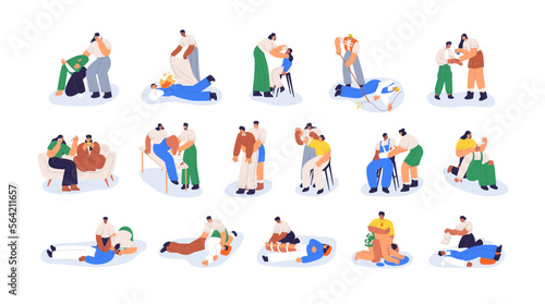 First aid, emergency concept. Firstaid, CPR, medical help, resuscitation set. Life, health rescue instruction, survival treatment after accident. Flat vector illustrations isolated on white background