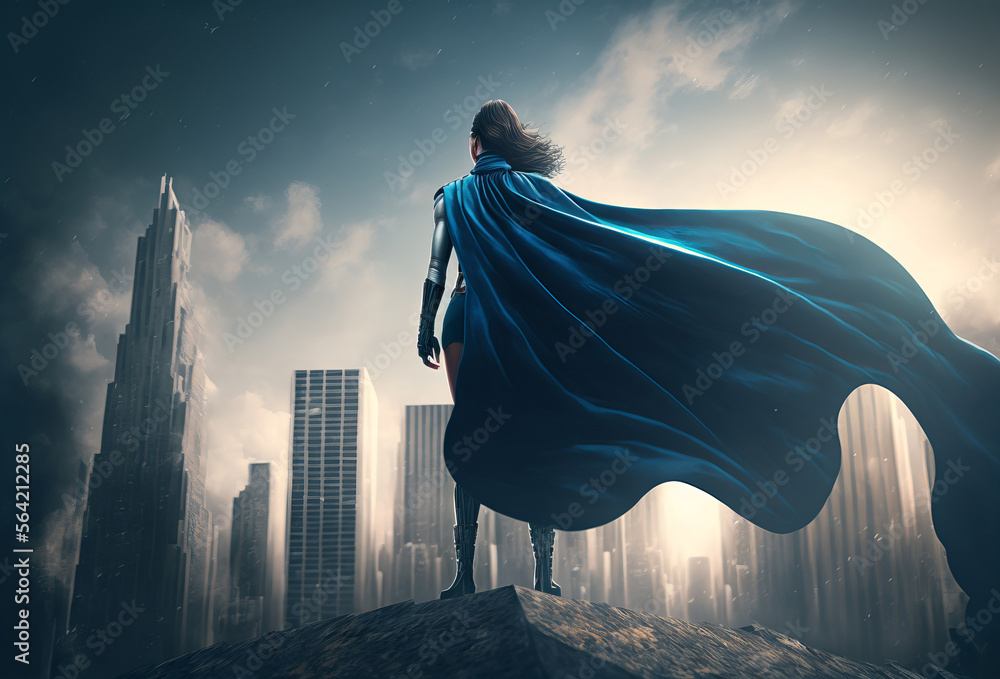 Super hero woman looking out over a city skyline. Generative ai - obrazy, fototapety, plakaty 