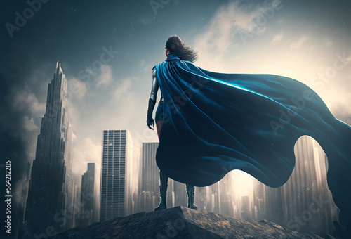 Fotografiet Super hero woman looking out over a city skyline. Generative ai