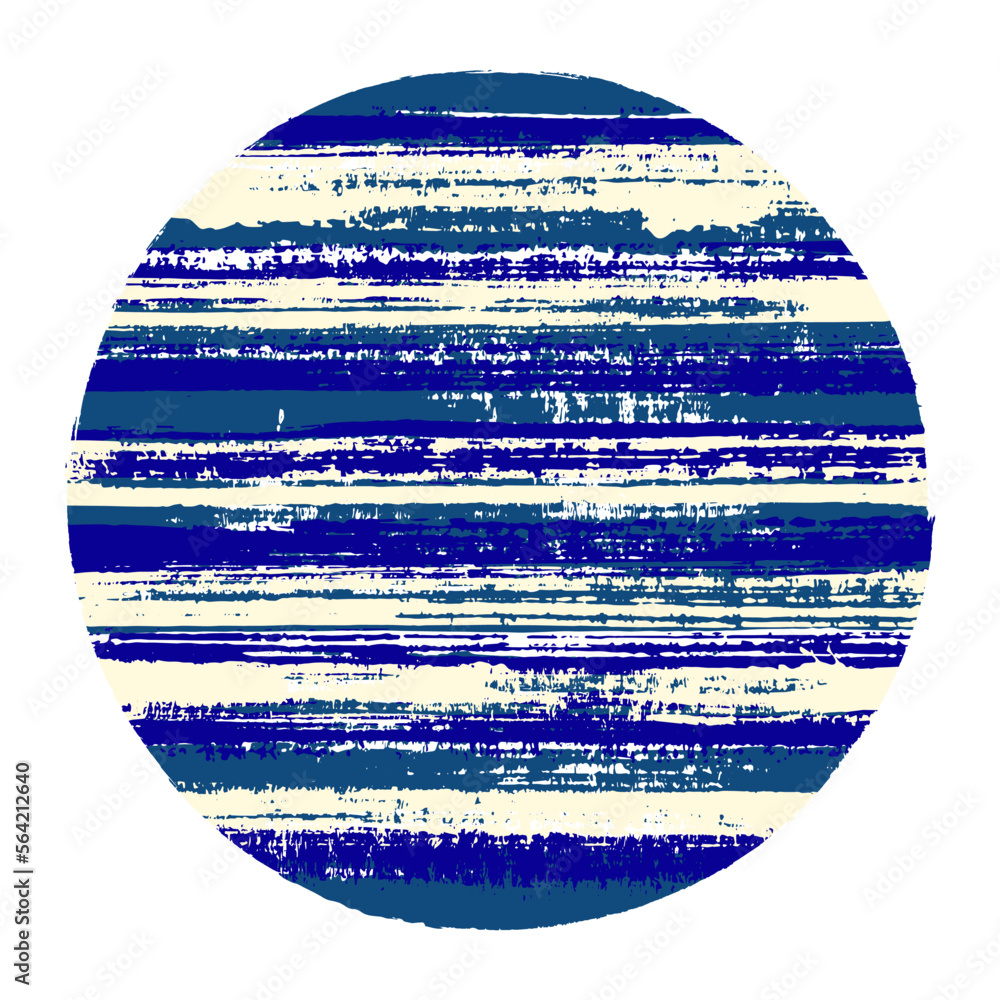Abstract circle vector geometric shape with striped texture of ink horizontal lines. Planet concept with old paint texture. Label round shape logotype circle with grunge background of stripes.
