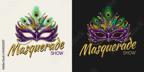 Carnaval label with luxury masquerade mask, feathers, jewelry chains, golden text Masqueradel show. For prints, clothing, t shirt, surface design. Vintage style