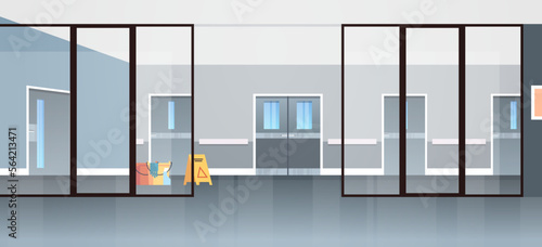 Empty hospital corridor area no people and open space modern hospital rooms corridor interior design flat vector illustration.