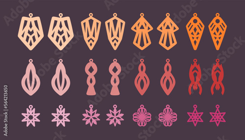 A collection of Earrings templates with geometric and abstract shapes. Isolated stencils pattern suitable for handmade work, laser cutting and printing. Jewelry Template..