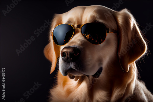Golden retriever dog wearing sunglasses on black background © Trendboyt