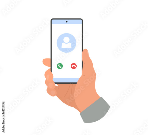 Hand holding smartphone with call. Receiving phone call, vector illustration isolated on white background.