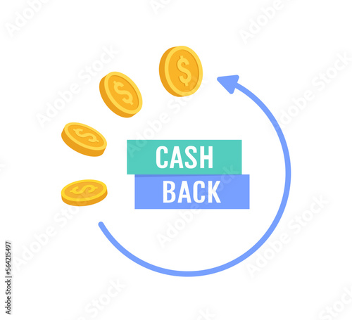 Cashback service icon. Vector illustration of cash back money, financial services, money refund. Gold coins with rotation arrow symbol isolated on white background.