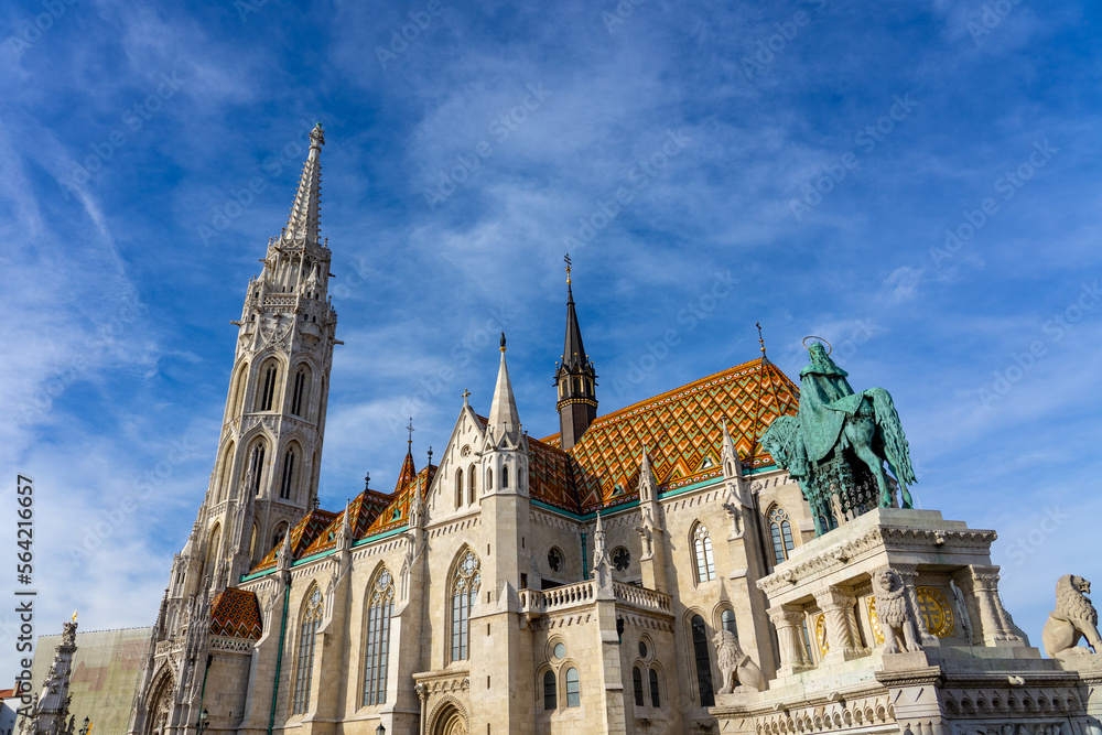 Beautiful Matyas templom Matthias church in Buda castle Budapest with blue sky