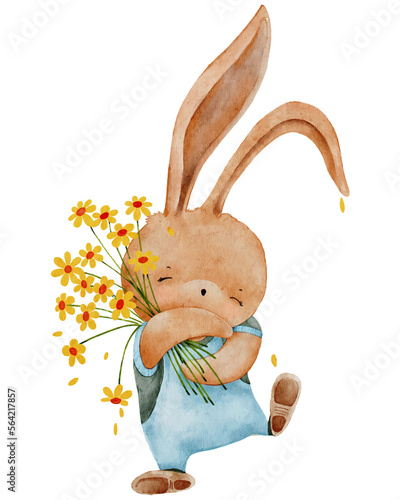 Cute Rabbit holding flower Waterolour hand paint; Cartoon hand drawn Bunny,Hare character element for Easter greeting card; Spring; Summer poster;Vector illustration 