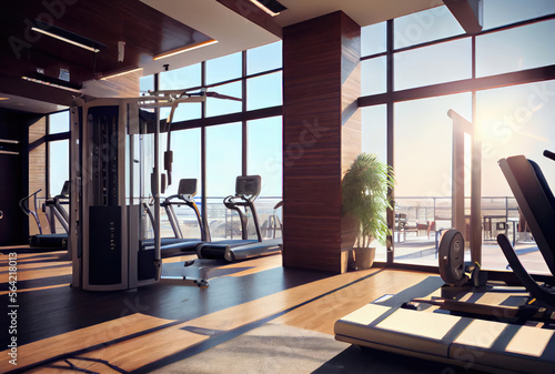 Fitness center gym in hotel and condominium for sport people workout with nature background. Generative AI