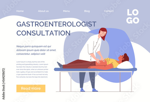 Bellyache, health concept. Doctor palpates patient's abdomen. Website, template, landing page. Vector illustration flat cartoon. 