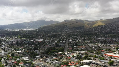 Residential suburbs of Christchurch city in New Zealand – aerial fly as 4k.
 photo