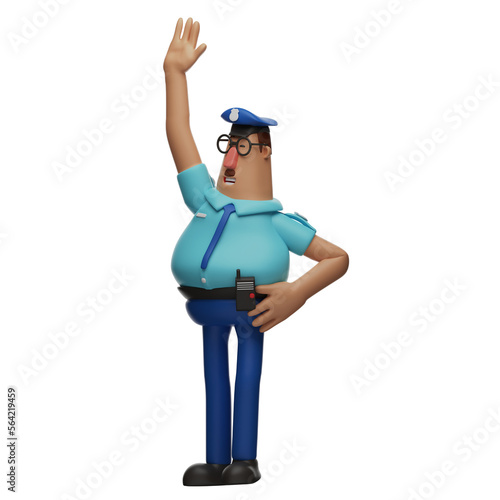 3D illustration. 3D Police Cartoon Character waving. with hands on your waist. wearing a police costume. 3D Cartoon Character
