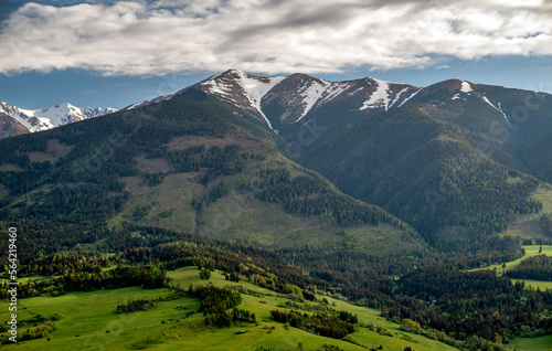 Beautiful view of Western Tatras Mountains with peak Baranec in Slovakia. Green landscape and hills. Aerial drone photography photo