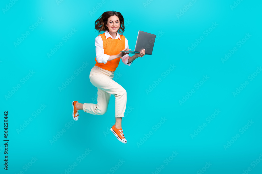 Full body size photo cadre of teacher lady remote educaion promoter hold netbook video call with students isolated on aquamarine color background - obrazy, fototapety, plakaty 