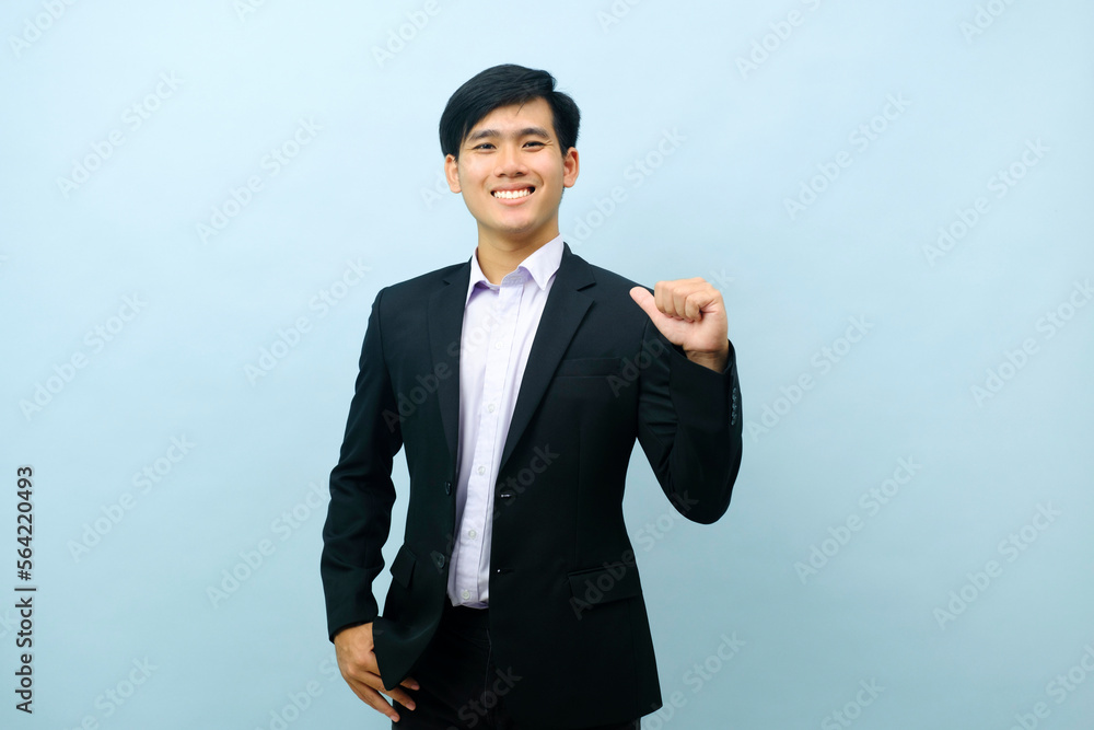 Portrait of businessman pointing thumb at himself. Portrait of businessman pointing thumb at himself.