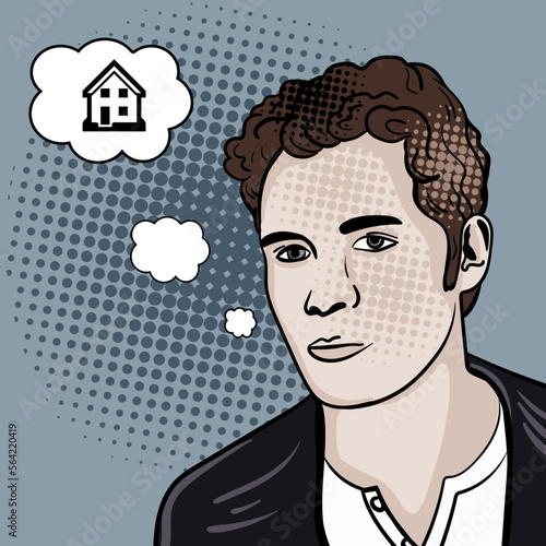 Comix cartoon guy in pop art style dreaming about a house. 