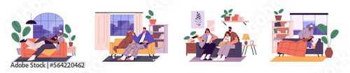 People relaxing on couches set. Couple, family with child, man with pet dog watching TV, movie, resting on sofa at leisure at home, apartment. Flat vector illustrations isolated on white background