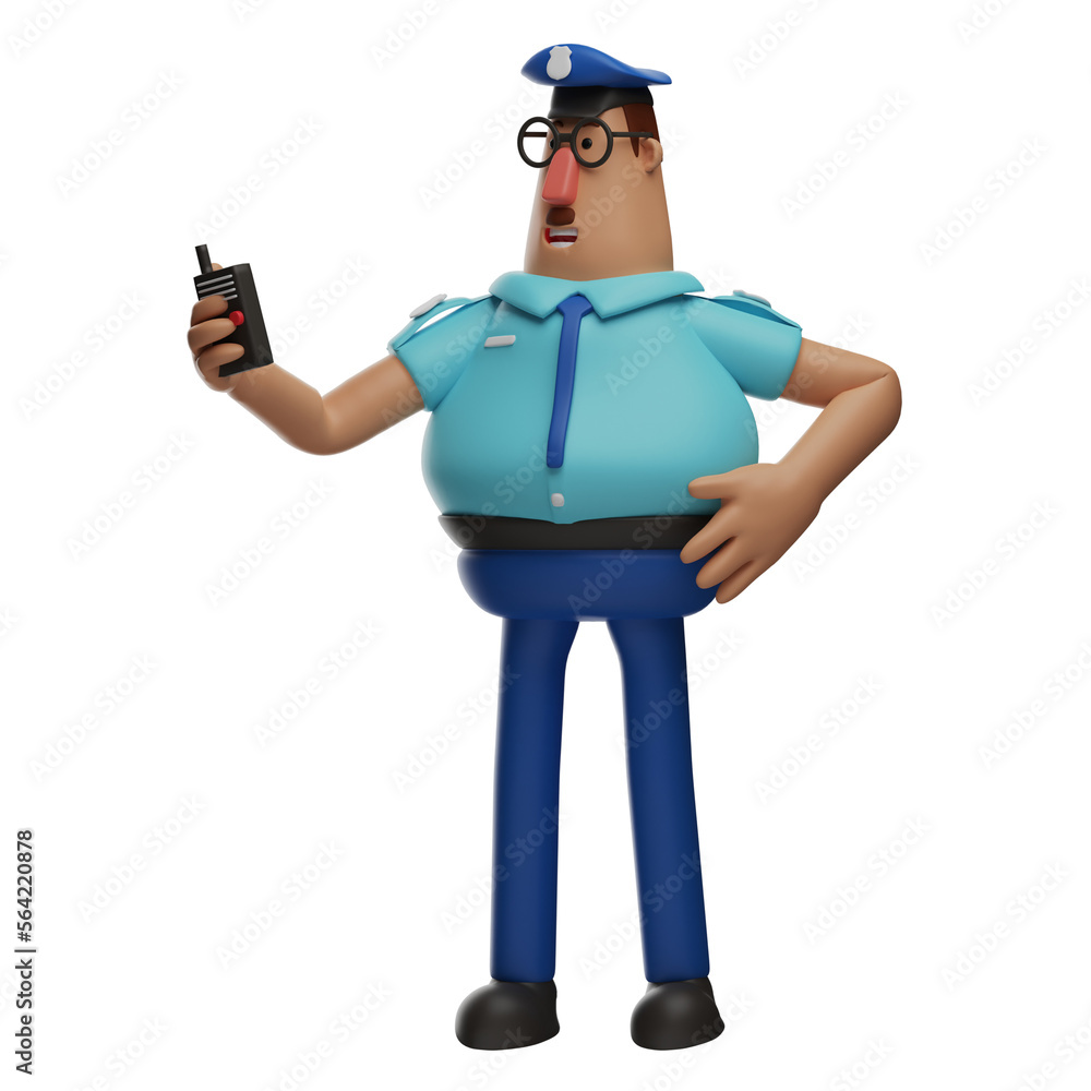 3D illustration. 3D Police Officer Cartoon Character has a handy-talkie ...