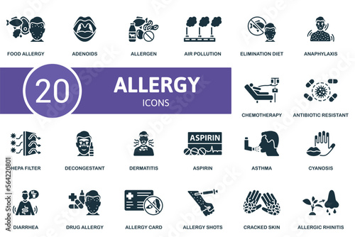 Allergy icon set. Monochrome simple Allergy icon collection. Food Allergy, Adenoids, Allergen, Air Pollution, Elimination Diet, Drug Allergy, Allergy Card, Allergy Shots, Cracked Skin, Allergic