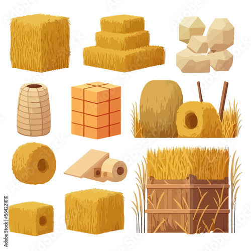Hay bales, piles, heaps and stacks set. Isolated on background. Vector illustration