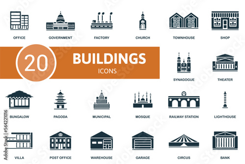 Buildings icon set. Monochrome simple Buildings icon collection. Office, Government, Factory, Church, Townhouse, Post Office, Warehouse, Garage, Circus, Bank icon