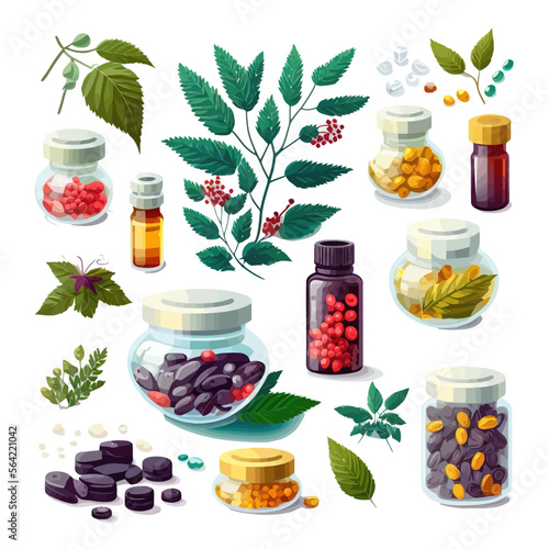 Natural pills, herbal capsules, organic tablets, supplements, vitamins set. Isolated on background. Vector illustration
