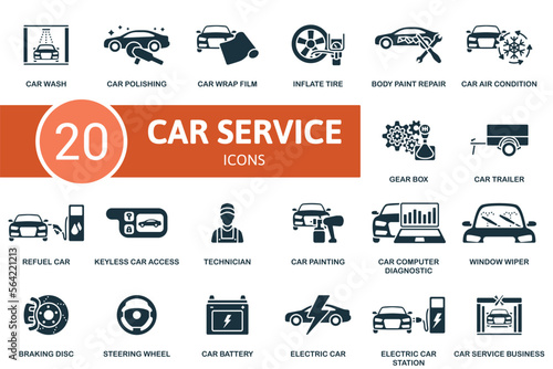 Car Service icon set. Monochrome simple Car Service icon collection. Car Wash, Polishing, Wrap Film, Inflate Tire, Body Paint Repair, Steering Wheel, Car Battery, Electric Car, Electric Station
