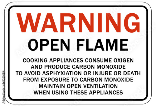 Carbon Monoxide safety sign and labels warning open flame cooking appliance produce carbon monoxide