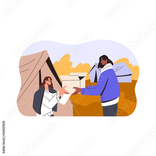 Volunteer in refugee camp, donating to homeless needy poor person. Humanitarian aid, charity, charitable help, philanthropy concept. Flat graphic vector illustration isolated on white background