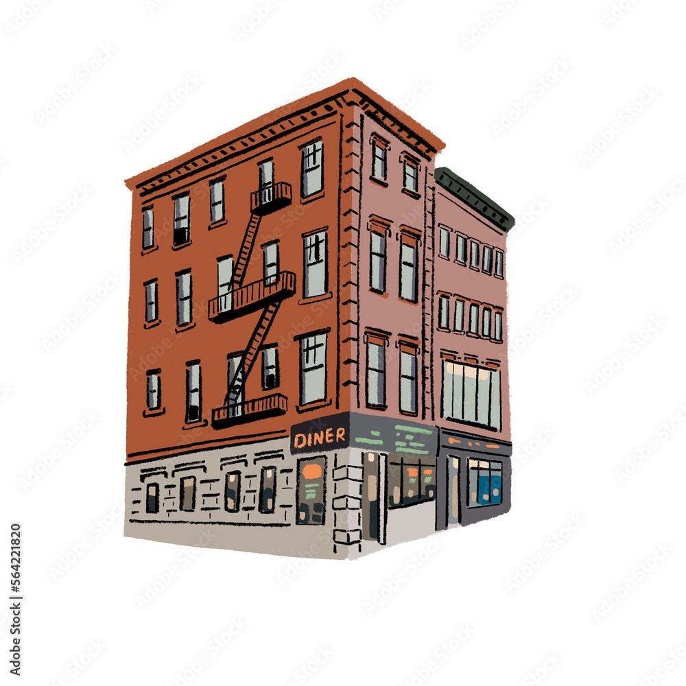 Old Brick Apartment Buildings New York Manhattan Architecture Hand drawn color illustration