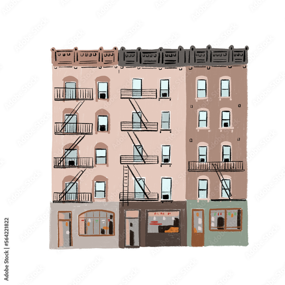 New York Manhattan Architecture Old Brick Apartment Buildings Hand drawn color illustration