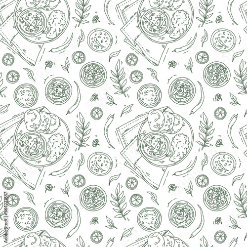 seamless pattern with food and herbs background, vector illustration