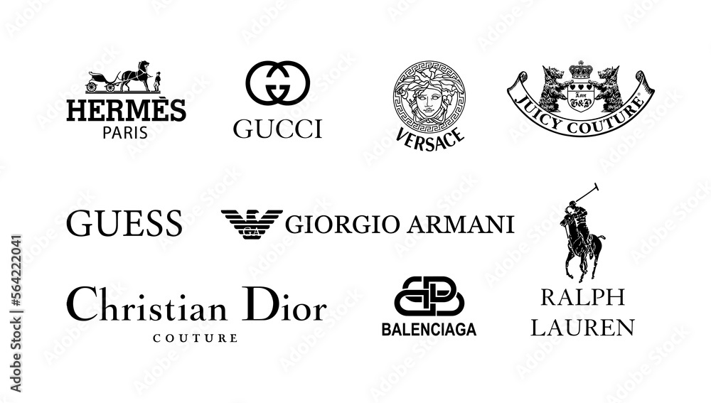 Luxury clothing brands. Hermes Paris, Gucci, Versace, Juisy Couture, Guess,  Giorgio Armani, Christian Dior, Balenciaga, Ralph Lauren. Editorial Stock  Vector | Adobe Stock