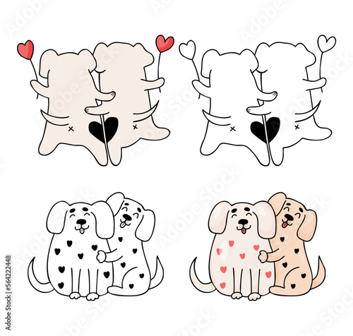Loving dogs. Romantic pets with heart and cute hugging puppy. Vector illustration. Isolated outline drawings and colored doodle for design and decor of valentines, love postcards, printing.