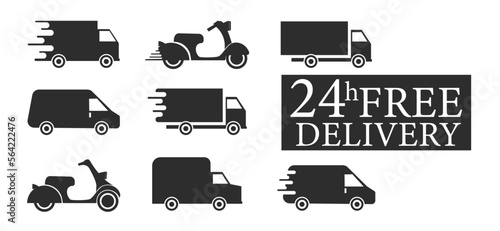 Set of delivery icons. Fast delivery, free delivery, 24 hours, truck. Delivery icons