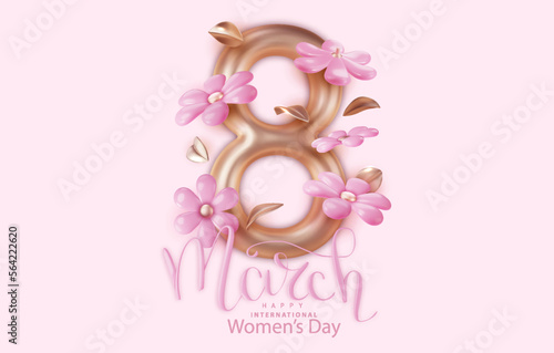 8 March Women's day Poster or banner with flower on pink background. Poster, flyer, greeting card, header for website Vector Illustration