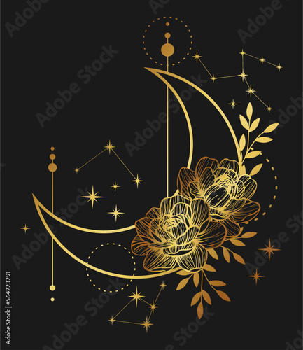 Bohemian crescent with stars and flowers isolated on black background. Alchemy esoteric magic talisman. Mystical symbol.