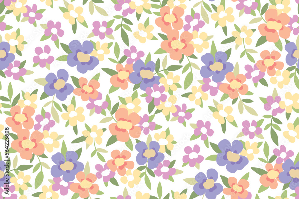Seamless floral pattern, romantic botanical print with small plants in delicate light colors. Cute ditsy design with small hand drawn flowers, leaves on white background. Vector illustration. Seamless floral pattern, romantic botanical print with small plants in delicate light colors. Cute ditsy design with small hand drawn flowers, leaves on white background. Vector illustration.