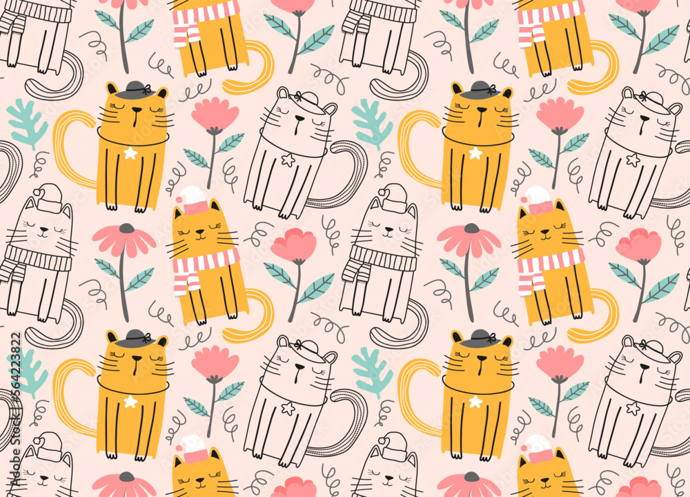 Seamless pattern with cute cats. Seamless childish pattern with cute cats .