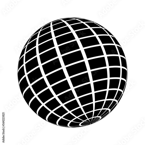 3D sphere wireframe icon in brutalism style. Orbit model, spherical shape, grid ball. Earth globe figure with longitude and latitude, parallel and meridian lines