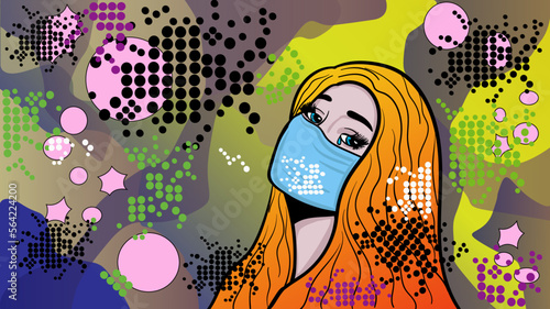 Ginger cartoon lady wearing the face mask on a pop art style colourful background